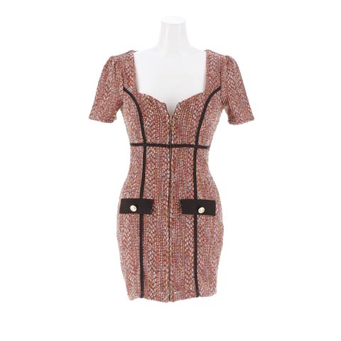 9/17新作!フロントジップミックスツイードライン半袖タイトミニ丈キャバドレス[SML/3サイズ展開](ワインレッド-Sサイズ)