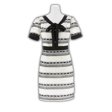 8/20新作!フラワーレースボーダーリボン半袖タイトミニ丈キャバドレス[SML/3サイズ展開](ホワイト×ブラック-Sサイズ)