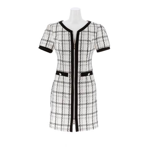 9/19新作!ツイードチェックパイピングファスナー半袖タイトミニ丈キャバドレス[SML/3サイズ展開](ホワイト×チェック-Sサイズ)