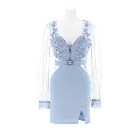 9/15新作!フロントジップ刺繍ベルトモチーフサイドシアー長袖タイトミニ丈キャバドレス[SML/3サイズ展開](ライトブルー-Sサイズ)