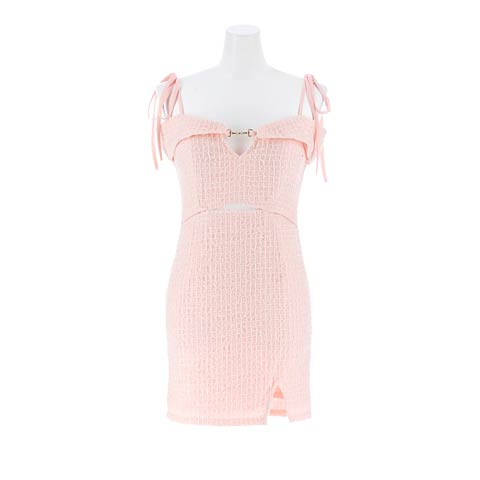 9/19新作!チェックリボンオフショルスリットタイトミニ丈キャバドレス[SML/3サイズ展開](ピンク-Sサイズ)