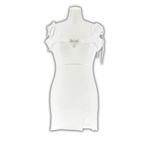 9/19新作!チェックリボンオフショルスリットタイトミニ丈キャバドレス[SML/3サイズ展開](ホワイト-Sサイズ)