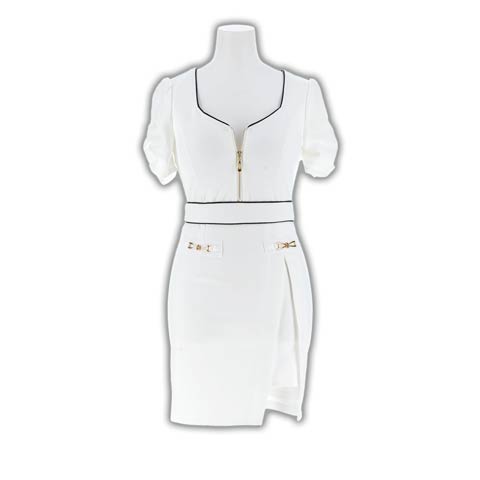 8/25新作!フロントジップパイピングサイドスリットタイトミニ丈キャバドレス[SML/3サイズ展開](ホワイト-Sサイズ)