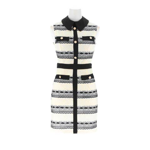 9/8新作!襟付きモノトーンレースボーダータイトミニ丈キャバドレス[SML/3サイズ展開](アイボリー-Sサイズ)