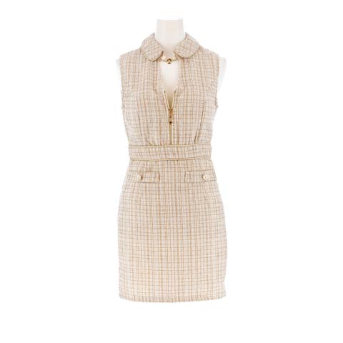 8/25新作!襟付きツイードチェックファスナーノースリーブタイトミニ丈キャバドレス[SML/3サイズ展開](ベージュ-Sサイズ)