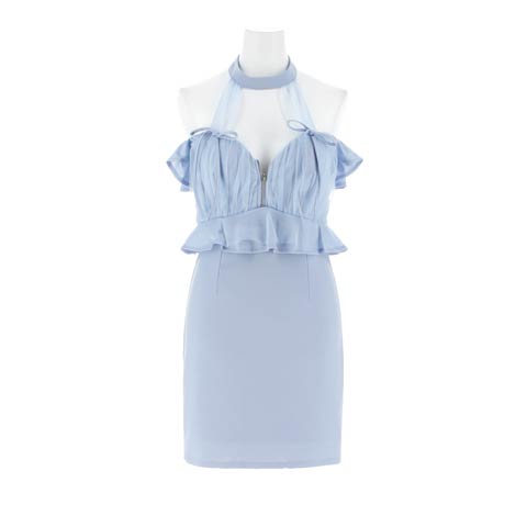 9/3新作!フロントジップチュールホルターネックペプラムタイトミニ丈キャバドレス[伊藤桃々着用](ブルー-Sサイズ)