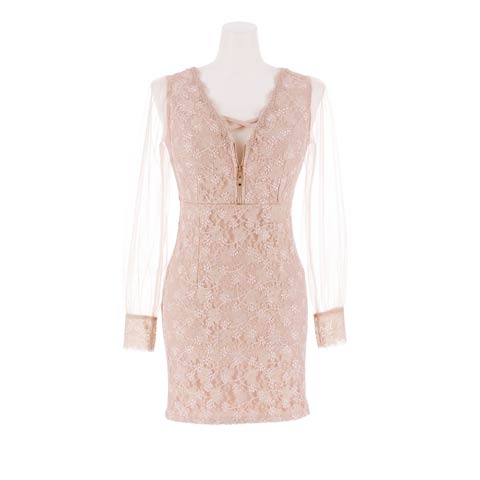 9/5新作!フラワーレースクロスフロントジップシアー長袖タイトミニ丈キャバドレス[SML/3サイズ展開][伊藤桃々着用](ダスティピンク-Sサイズ)