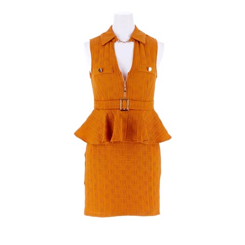 12/2再販![明日花キララ着用]SEXYな襟付きハイネック×胸元ジップに美くびれベルト付風ペプラムミニ丈キャバドレス[SML/3サイズ展開](オレンジ-Sサイズ)