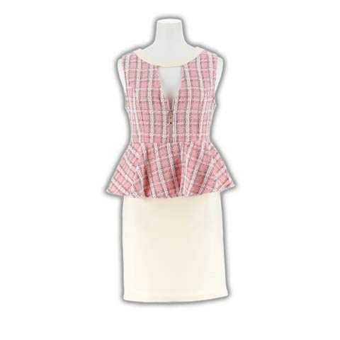 8/20新作!ラメチェックツイードファスナーペプラムタイトミニ丈キャバドレス[SML/3サイズ展開][伊藤桃々着用](ピンク×アイボリー-Sサイズ)