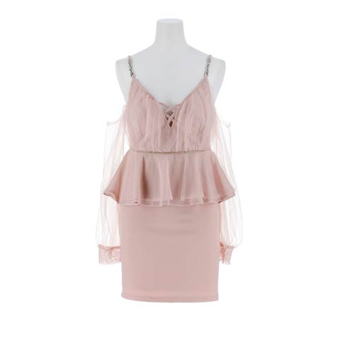 8/18新作!レースアップペプラムチュール長袖タイトミニ丈キャバドレス[SML/3サイズ展開](ダークピンク-Sサイズ)