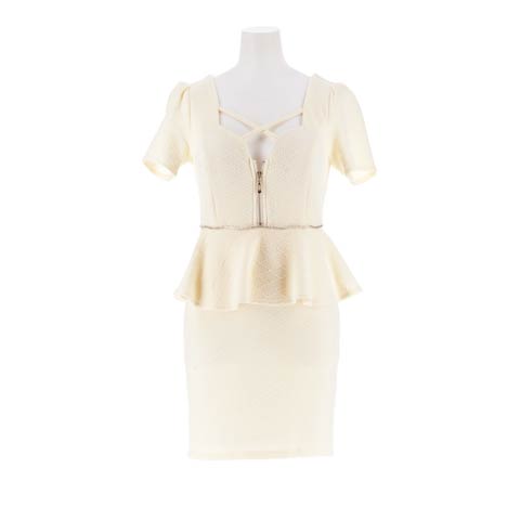 8/13新作!フロントジップクロスビジューペプラム半袖タイトミニ丈キャバドレス[SML/3サイズ展開](アイボリー-Sサイズ)