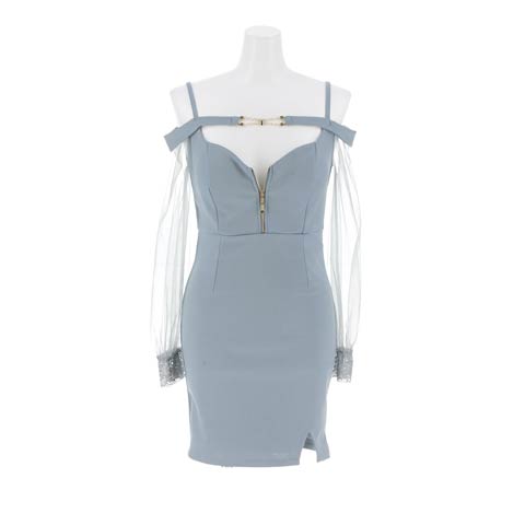 9/10新作!オフショルチェーンフロントジップシアー長袖タイトミニ丈キャバドレス[SML/3サイズ展開](ブルーグレー-Sサイズ)