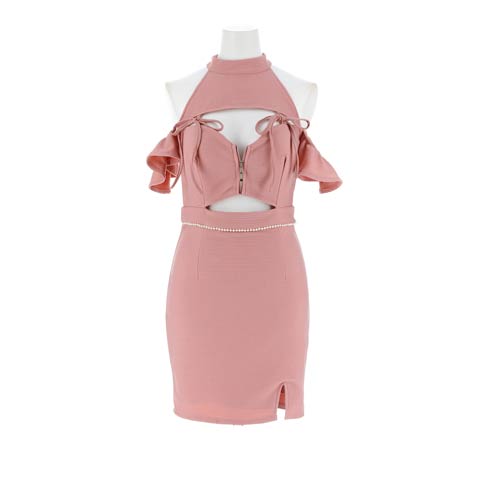 9/1新作!フロントジップアメスリカットフリルオフショルタイトミニ丈キャバドレス[SML/3サイズ展開](ピンク-Sサイズ)