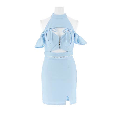 9/1新作!フロントジップアメスリカットフリルオフショルタイトミニ丈キャバドレス[SML/3サイズ展開](ブルー-Sサイズ)