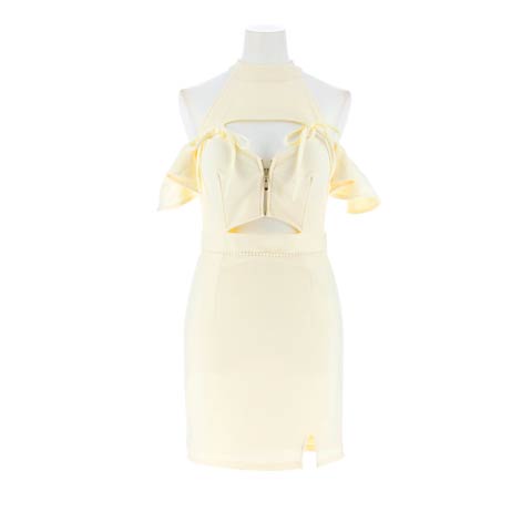 9/1新作!フロントジップアメスリカットフリルオフショルタイトミニ丈キャバドレス[SML/3サイズ展開](イエロー-Sサイズ)