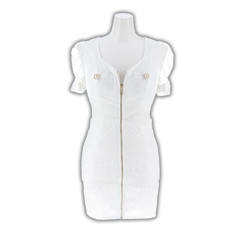 10/22新作!!SEXY全ジップ美くびれウエスト＆袖レースタイトミニ丈キャバドレス[SML/3サイズ展開](ホワイト-Sサイズ)