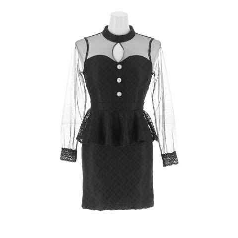 10/1新作!【美くびれ爆誕】ハイネックシアーパールボタン長袖ペプラムタイトミニ丈キャバドレス[SML/3サイズ展開][伊藤桃々着用]*(ブラック-Sサイズ)