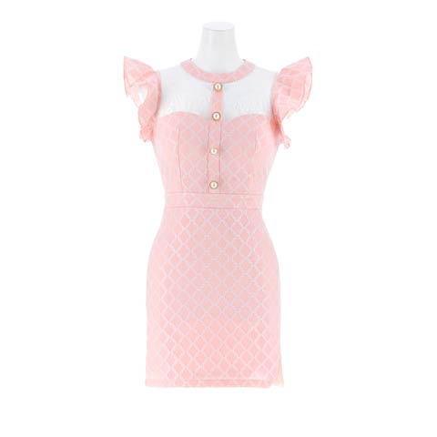 10/13新作!シアーレース格子柄パールボタンフリル袖タイトミニ丈キャバドレス[SML/3サイズ展開]*(ライトピンク-Sサイズ)