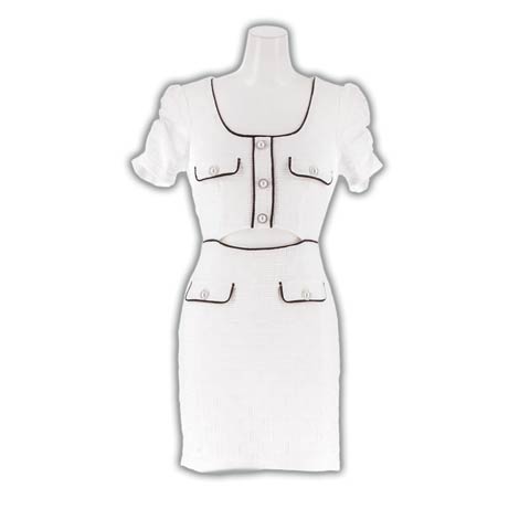 10/15新作!パイピングボタンビジューウエストカットパフスリーブタイトミニ丈キャバドレス[SML/3サイズ展開](ホワイト-Sサイズ)