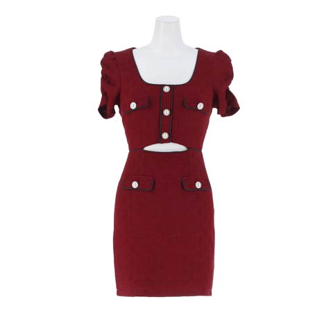 10/15新作!パイピングボタンビジューウエストカットパフスリーブタイトミニ丈キャバドレス[SML/3サイズ展開](ワインレッド-Sサイズ)
