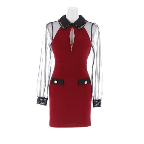 10/17新作!SEXY谷間ジップ襟付きファスナーチュール長袖タイトミニ丈キャバドレス[SML/3サイズ展開][伊藤桃々着用](レッド-Sサイズ)