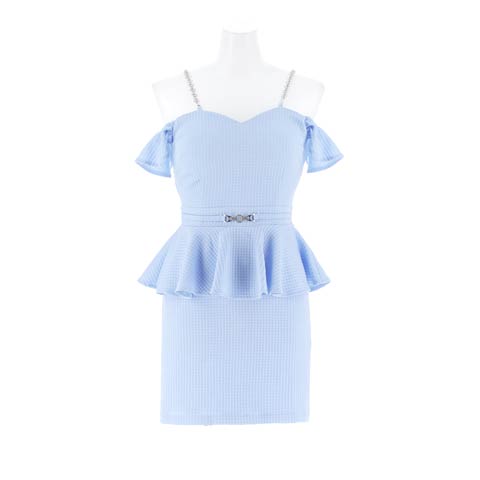 10/3新作!【美くびれ爆誕】ペプラムオフショルビジューチェーンベルトモチーフタイトミニ丈キャバドレス[SML/3サイズ展開][伊藤桃々着用](ブルー-Sサイズ)