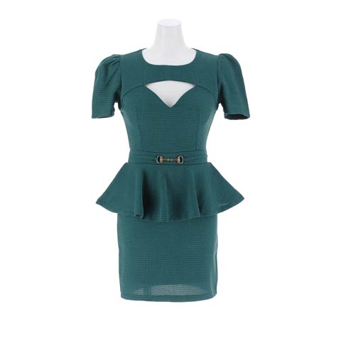 10/10新作!ツイードホールカットペプラムパフスリーブタイトミニ丈キャバドレス[伊藤桃々着用](ブルーグリーン-Sサイズ)