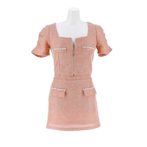10/3新作!ツイードチェーンフロントジップ半袖ミニ丈キャバドレスセットアップ[SML/3サイズ展開](コーラルピンク-Sサイズ)