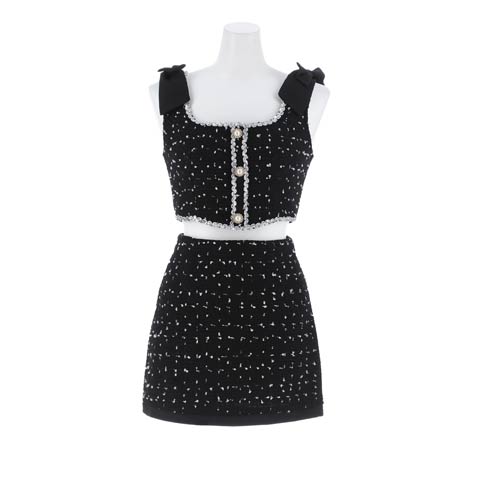 9/24新作!ショルダーリボンパールボタンツイードタイトミニセットアップ[SML/3サイズ展開](ブラック-Sサイズ)