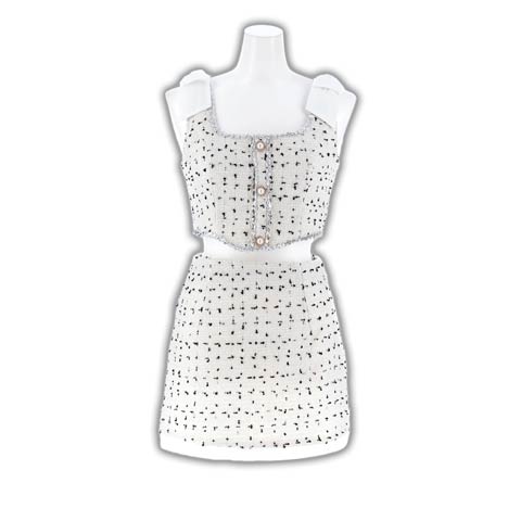 9/24新作!ショルダーリボンパールボタンツイードタイトミニセットアップ[SML/3サイズ展開](ホワイト-Sサイズ)