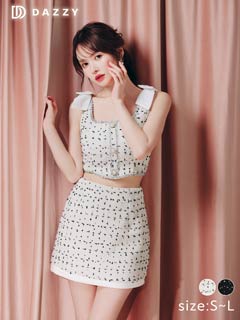 9/24新作!ショルダーリボンパールボタンツイードタイトミニセットアップ[SML/3サイズ展開]