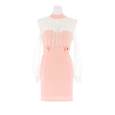 10/15新作!【谷間魅せ】シアーチュール格子オープンショルダー長袖タイトミニ丈キャバドレス[SML/3サイズ展開]*(ダスティピンク-Sサイズ)