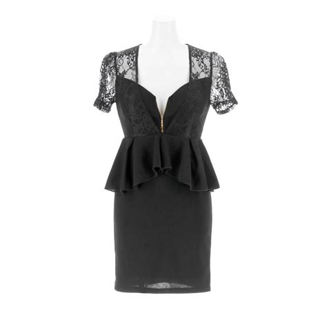 9/15新作!フロントジップペプラムフラワーレース半袖タイトミニ丈キャバドレス[SML/3サイズ展開](ブラック-Sサイズ)