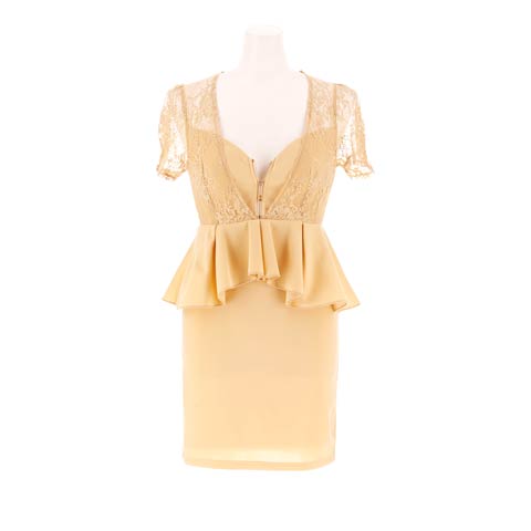 9/15新作!フロントジップペプラムフラワーレース半袖タイトミニ丈キャバドレス[SML/3サイズ展開](クリーム-Sサイズ)