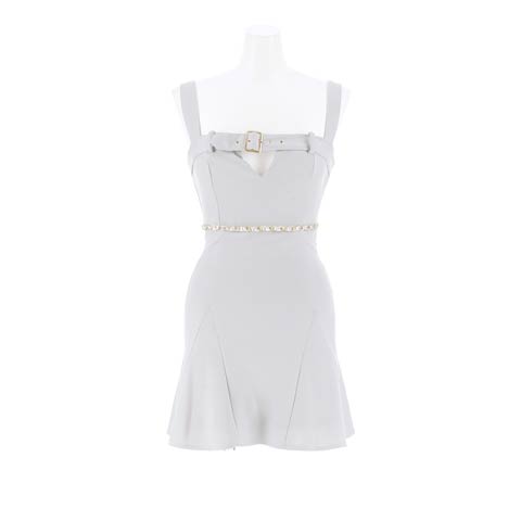 9/29新作!【見せてナンボ】ベルトラインチェーンビジューノースリーブAラインミニドレス[SML/3サイズ展開]*(ライトブルー-Sサイズ)