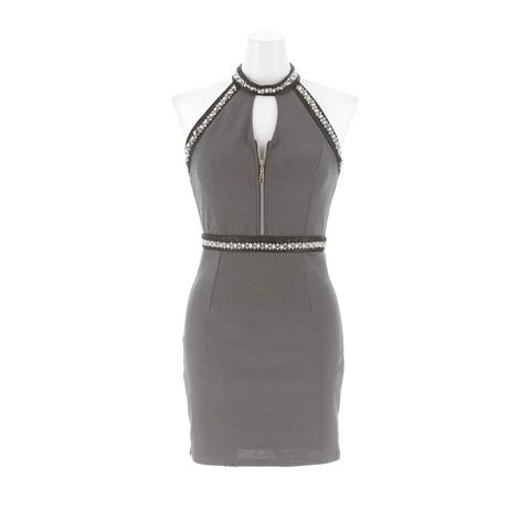 10/6新作!パールビジューアメスリジッパータイトミニ丈キャバドレス[SML/3サイズ展開][伊藤桃々着用](ライトグレー-Sサイズ)