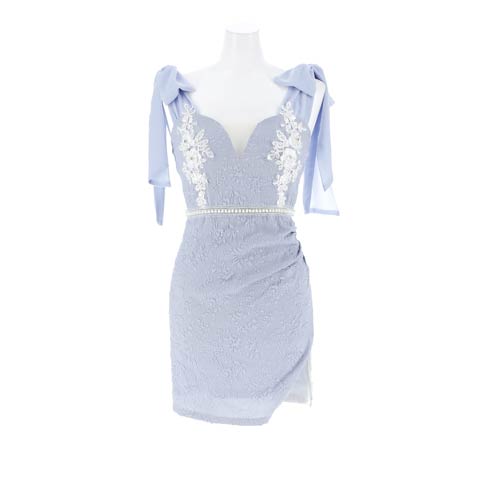 10/8新作!フラワーレース刺繍リボンショルダータイトミニ丈キャバドレス[SML/3サイズ展開](サックスブルー-Sサイズ)