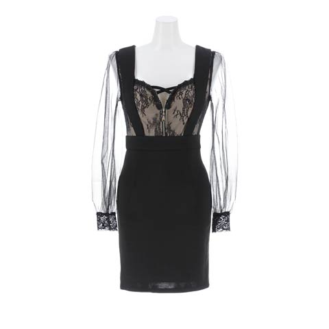 9/19新作!クロスファスナーフラワーレース長袖タイトミニ丈キャバドレス[SML/3サイズ展開](ブラック-Sサイズ)