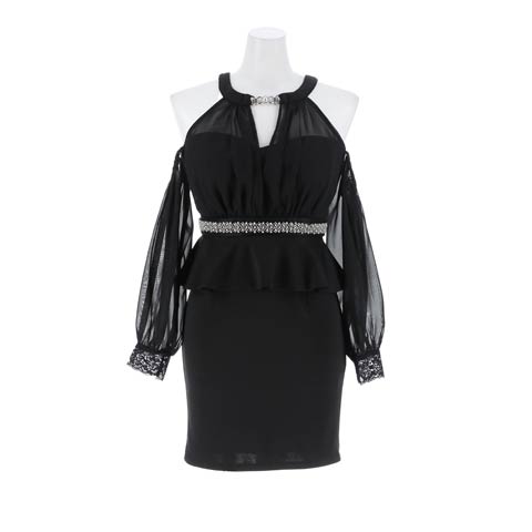 10/8新作!【美くびれ爆誕】ペプラムオープンショルダーチュール長袖タイトミニ丈キャバドレス[SML/3サイズ展開](ブラック-Sサイズ)