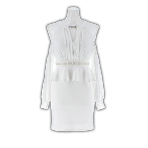 10/8新作!【美くびれ爆誕】ペプラムオープンショルダーチュール長袖タイトミニ丈キャバドレス[SML/3サイズ展開](ホワイト-Sサイズ)