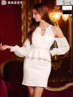 10/8新作!【美くびれ爆誕】ペプラムオープンショルダーチュール長袖タイトミニ丈キャバドレス[SML/3サイズ展開]