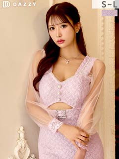 10/6新作!ジオメトリックビジューカットアウトチュール長袖タイトミニ丈キャバドレス[SML/3サイズ展開][伊藤桃々着用]