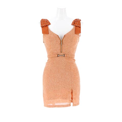 12/5新作![明日花キララ着用]胸元SEXYジップに輝く肩リボンで魅せるツイードスリットタイトミニ丈キャバドレ(オレンジ-Sサイズ)