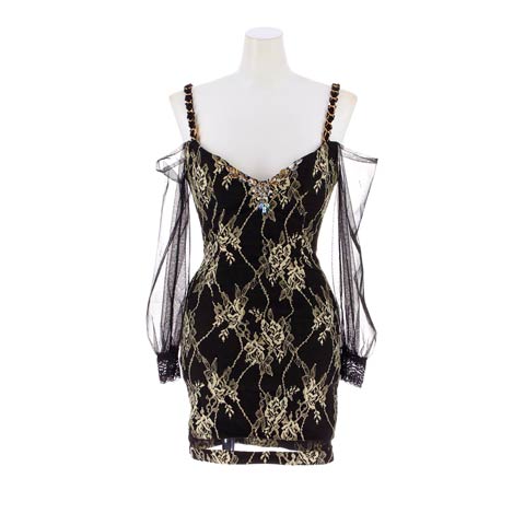 12/5新作![明日花キララ着用]肩見せオフショルに大人上品チェーンフラワービジューのシアー長袖ミニ丈キャバドレス(ブラック-Sサイズ)