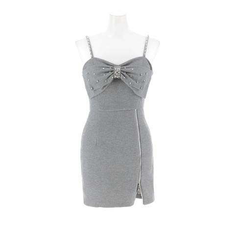 11/28新作!ビジューがちりばめられた胸元リボンが超CUTE!!スリットジップでえち要素なキャミソールミニ丈キャバドレス*(ダークグレー-Sサイズ)