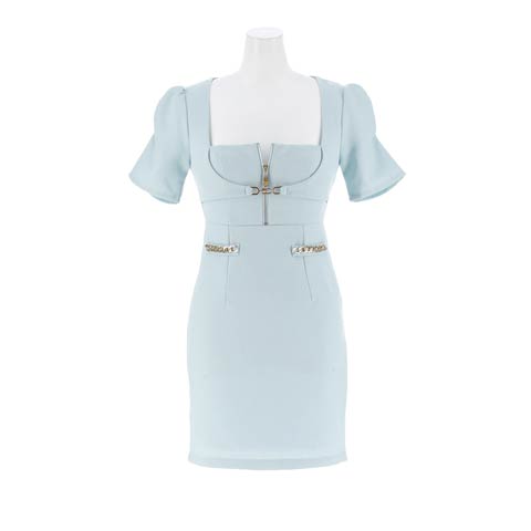 11/12新作![伊藤桃々着用]谷間ベルトジップにツイード生地で店内映えキャバドレス[SML/3サイズ展開](ライトブルー-Sサイズ)