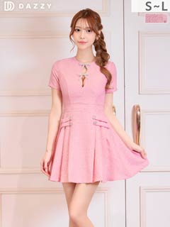 11/19新作!キラキラスパンコールに谷間リボンビジューで視線独占プリーツAラインミニ丈キャバドレス