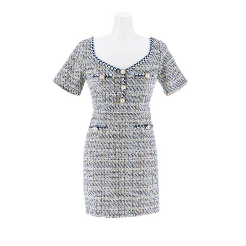 10/27新作!煌めくデコルテ魅せ高級感ツイードパールビジュー半袖タイトミニ丈キャバドレス[SML/3サイズ展開](ネイビー-Sサイズ)