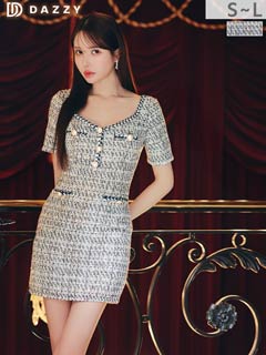 10/27新作!煌めくデコルテ魅せ高級感ツイードパールビジュー半袖タイトミニ丈キャバドレス[SML/3サイズ展開]
