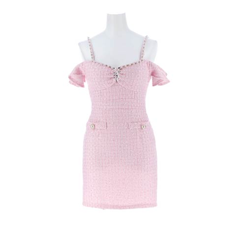 3/27新作!美デコルテ魅せ◎パールビジュー×ラメツイードのオフショルタイトミニ丈キャバドレス[SML/3サイズ展開](ピンク-Sサイズ)